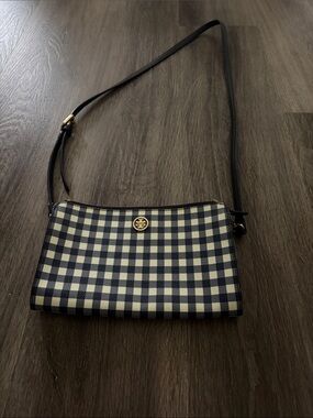 Tory Burch Navy and Cream Gingham Crossbody Pouch with Gold Logo